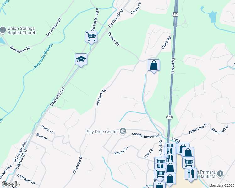 map of restaurants, bars, coffee shops, grocery stores, and more near 301 Stonewood Drive in Chattanooga