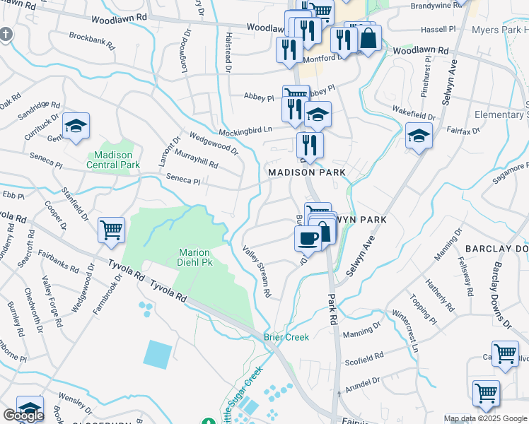 map of restaurants, bars, coffee shops, grocery stores, and more near 4917 Valley Stream Road in Charlotte