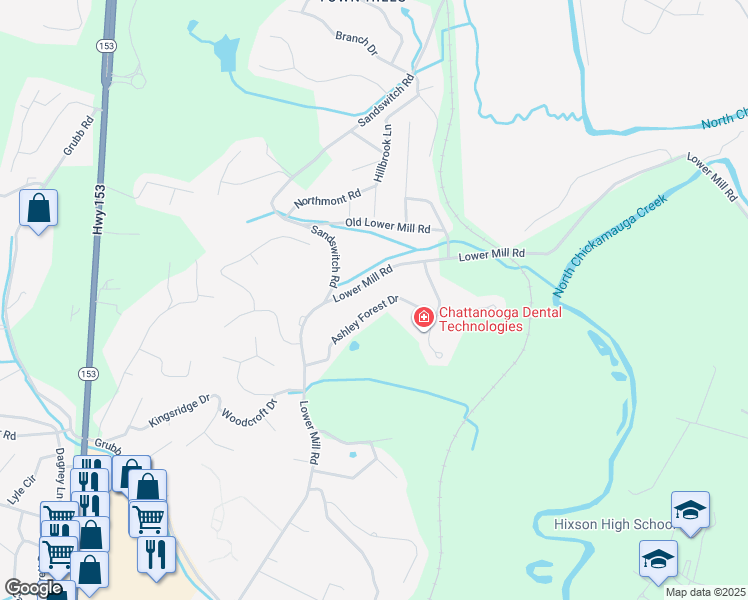 map of restaurants, bars, coffee shops, grocery stores, and more near 731 Ashley Forest Drive in Chattanooga