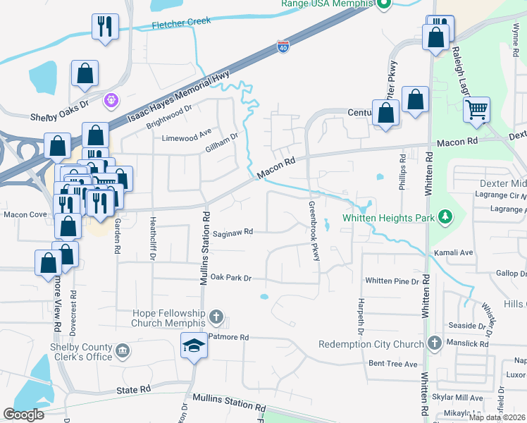 map of restaurants, bars, coffee shops, grocery stores, and more near 1381 Greenland Road in Memphis