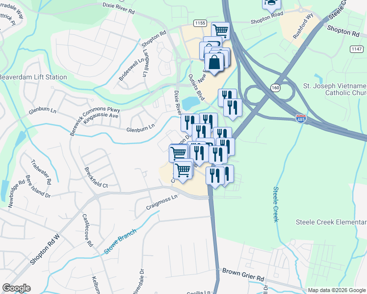 map of restaurants, bars, coffee shops, grocery stores, and more near 9510 Shopton Road West in Charlotte
