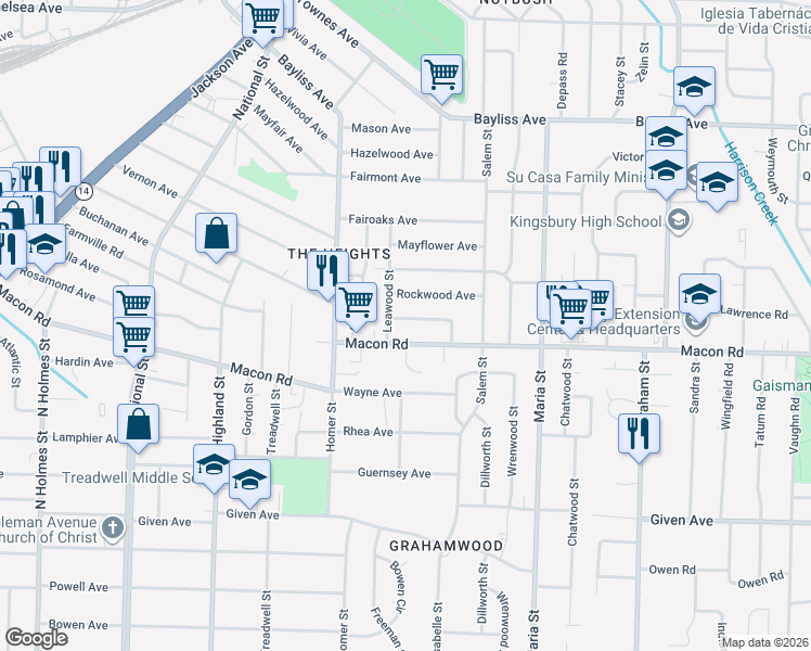 map of restaurants, bars, coffee shops, grocery stores, and more near 3705 Buchanan Avenue in Memphis