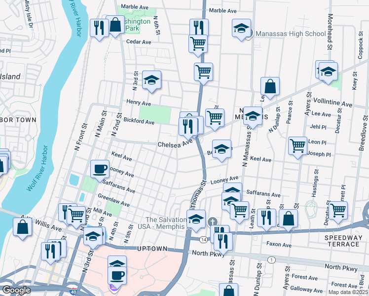 map of restaurants, bars, coffee shops, grocery stores, and more near 605 Chelsea Avenue in Memphis