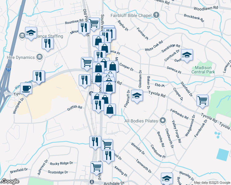 map of restaurants, bars, coffee shops, grocery stores, and more near 146 Tyvola Drive in Charlotte