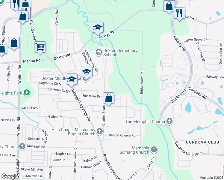 map of restaurants, bars, coffee shops, grocery stores, and more near 1382 Charles Bryan Road in Shelby County
