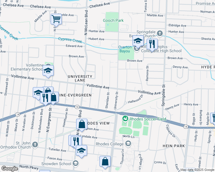 map of restaurants, bars, coffee shops, grocery stores, and more near 951 Sheridan Street in Memphis