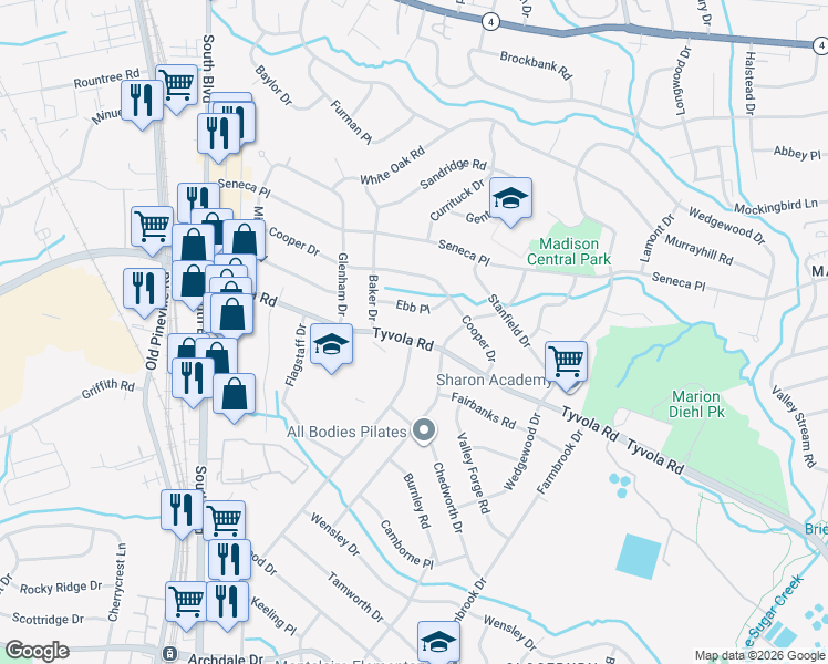 map of restaurants, bars, coffee shops, grocery stores, and more near 1801 Tyvola Road in Charlotte