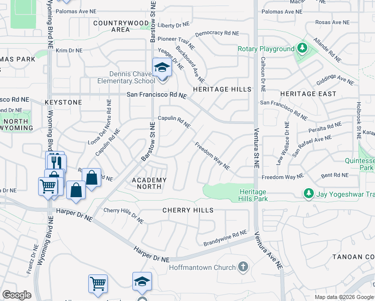 map of restaurants, bars, coffee shops, grocery stores, and more near 8604 Plymouth Rock Road Northeast in Albuquerque