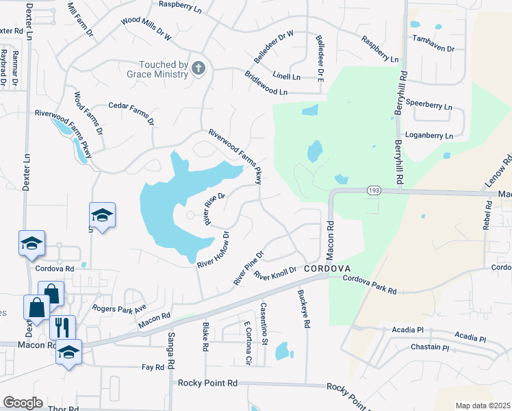map of restaurants, bars, coffee shops, grocery stores, and more near 8995 Riverwood Farms Parkway in Memphis