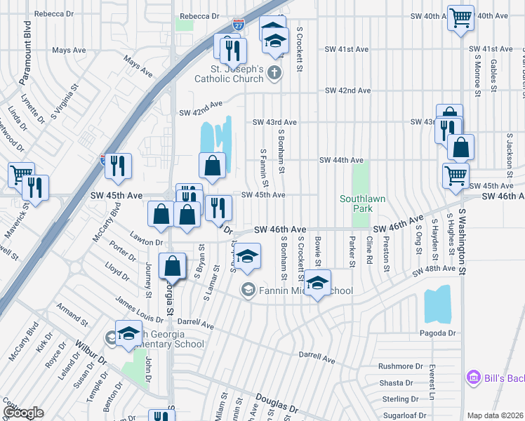 map of restaurants, bars, coffee shops, grocery stores, and more near 4432 South Fannin Street in Amarillo