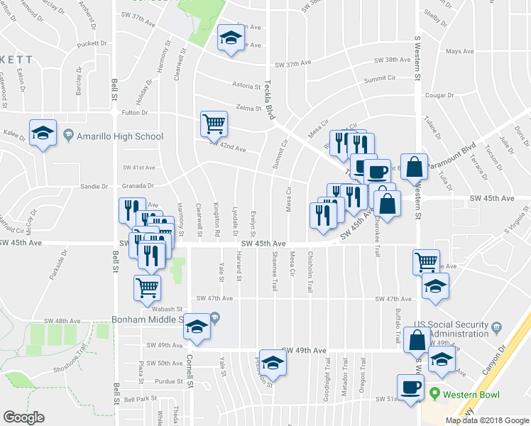 map of restaurants, bars, coffee shops, grocery stores, and more near 4440 Summit Circle in Amarillo