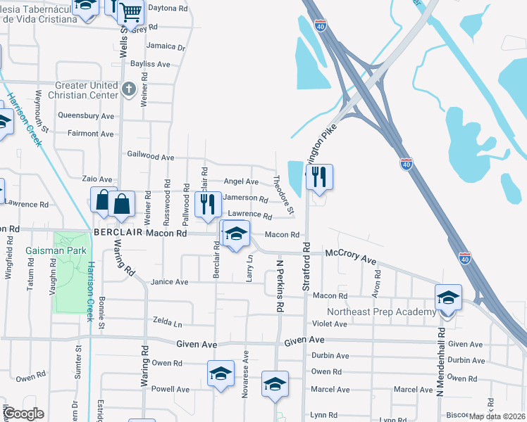 map of restaurants, bars, coffee shops, grocery stores, and more near 4560 Lawrence Road in Memphis