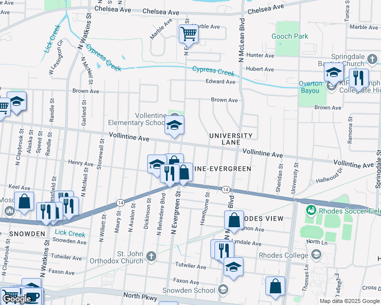 map of restaurants, bars, coffee shops, grocery stores, and more near 919 North Auburndale Street in Memphis