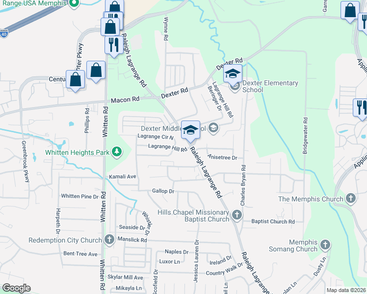 map of restaurants, bars, coffee shops, grocery stores, and more near 6970 Lagrange Hill Road in Shelby County