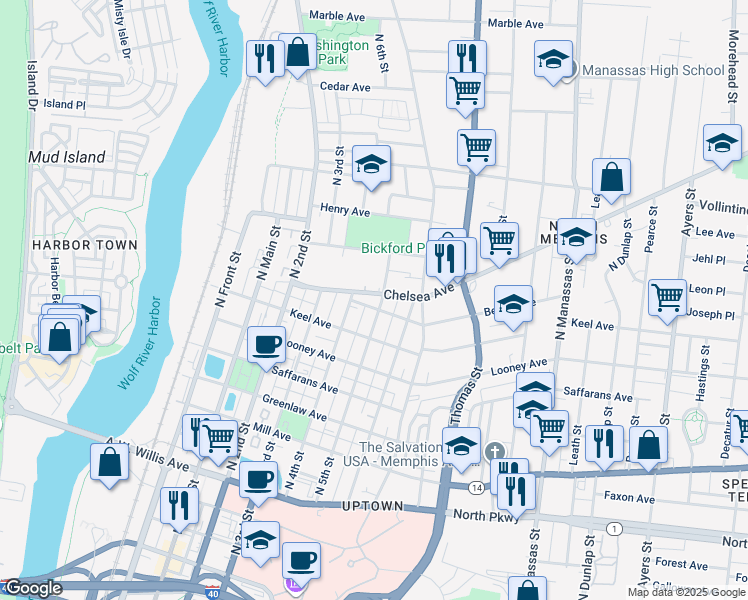 map of restaurants, bars, coffee shops, grocery stores, and more near 247 Chelsea Avenue in Memphis