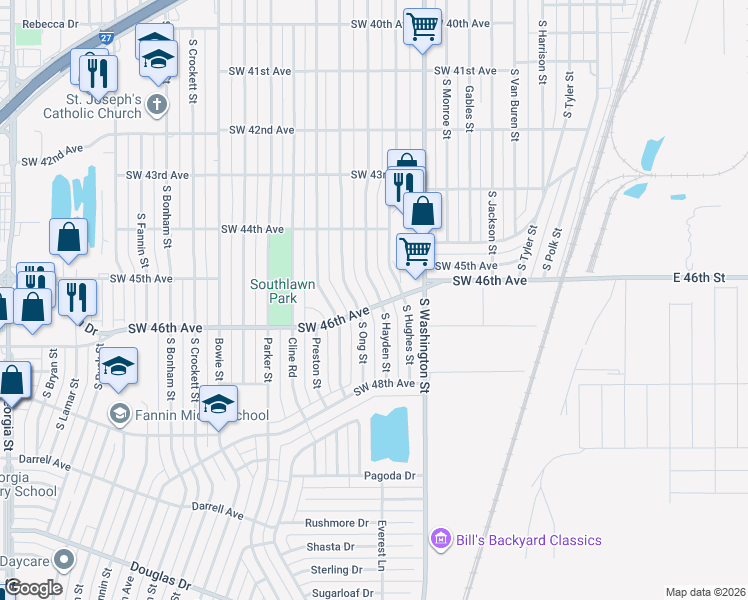 map of restaurants, bars, coffee shops, grocery stores, and more near 4601 South Hayden Street in Amarillo