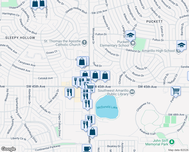 map of restaurants, bars, coffee shops, grocery stores, and more near 4401 Coulter Street South in Amarillo