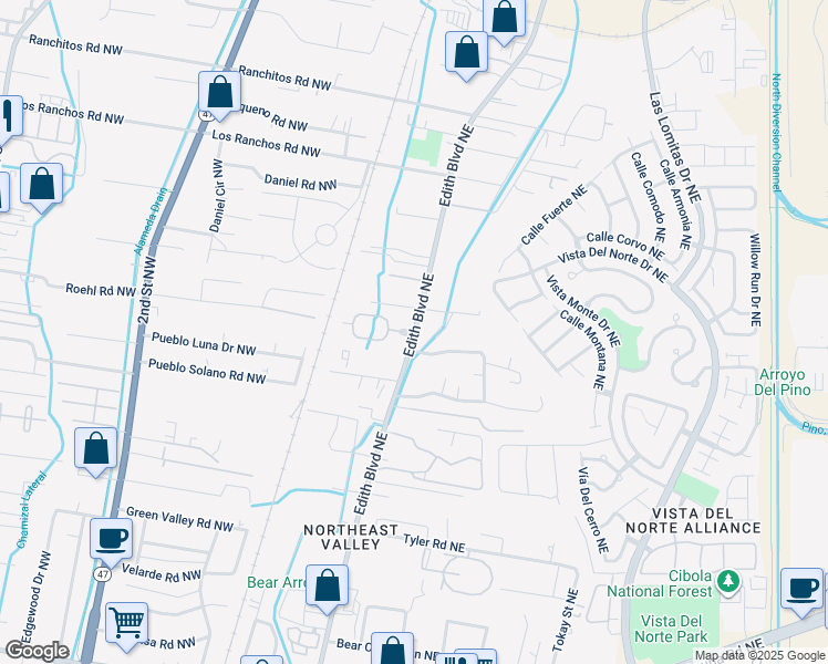 map of restaurants, bars, coffee shops, grocery stores, and more near 216 Derramadera Avenue Northeast in Albuquerque