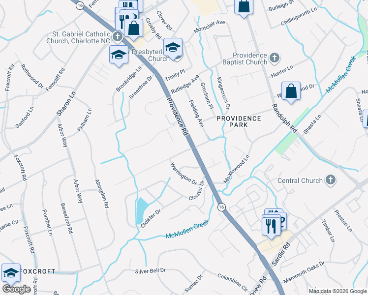 map of restaurants, bars, coffee shops, grocery stores, and more near 1600 Cavendish Court in Charlotte