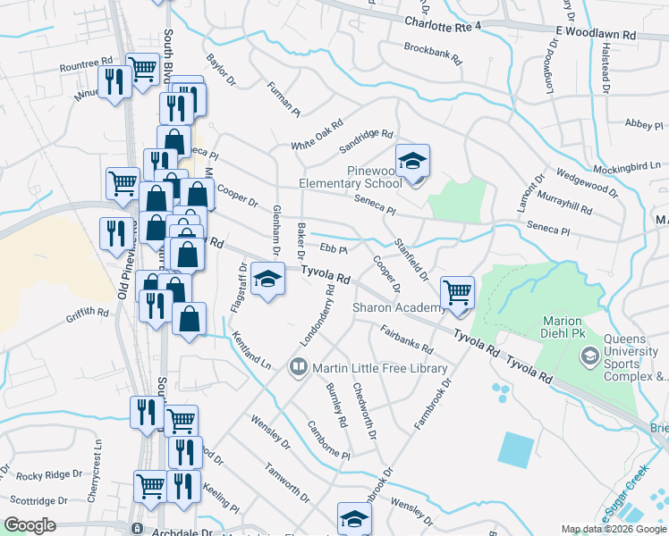 map of restaurants, bars, coffee shops, grocery stores, and more near 1801 Tyvola Road in Charlotte