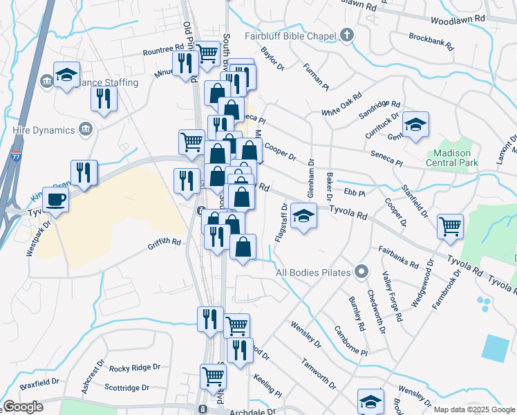 map of restaurants, bars, coffee shops, grocery stores, and more near 146 Tyvola Drive in Charlotte