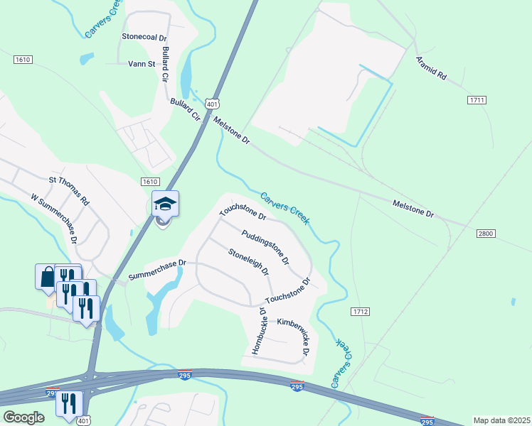 map of restaurants, bars, coffee shops, grocery stores, and more near 6357 Touchstone Drive in Fayetteville
