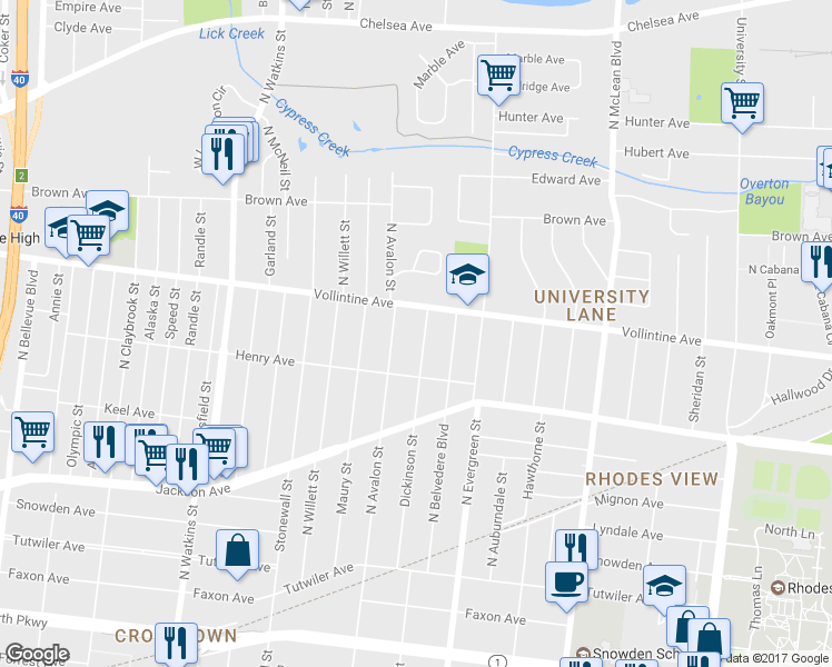 map of restaurants, bars, coffee shops, grocery stores, and more near 909 Dickinson Street in Memphis