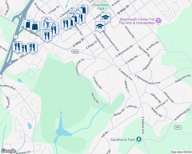 map of restaurants, bars, coffee shops, grocery stores, and more near 573 South Valley Road in Southern Pines
