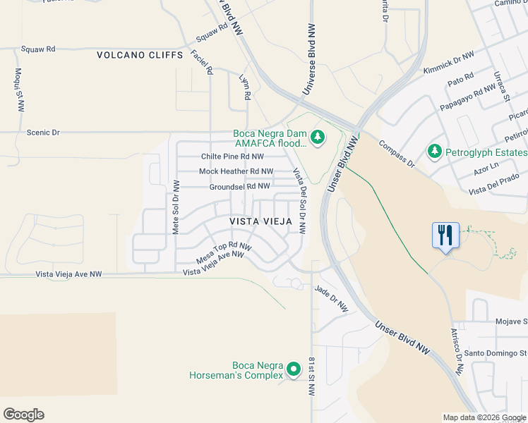 map of restaurants, bars, coffee shops, grocery stores, and more near 6815 Tierra Vieja Street Northwest in Albuquerque