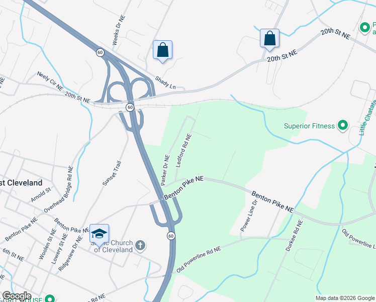 map of restaurants, bars, coffee shops, grocery stores, and more near 450 Ledford Rd NE in Cleveland