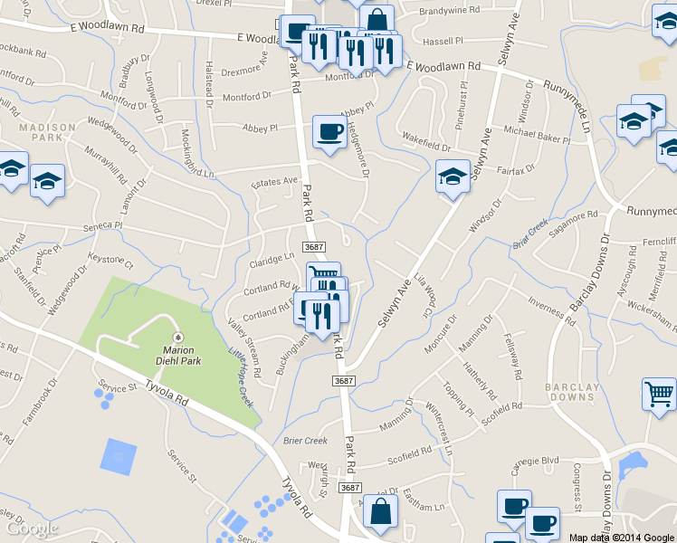map of restaurants, bars, coffee shops, grocery stores, and more near 4943 Park Road in Charlotte