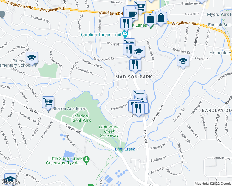 map of restaurants, bars, coffee shops, grocery stores, and more near 4907 Valley Stream Road in Charlotte