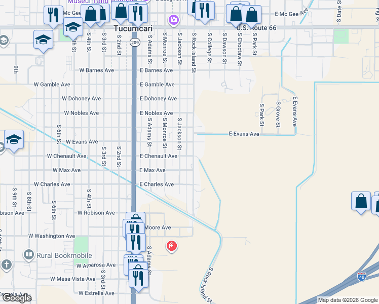map of restaurants, bars, coffee shops, grocery stores, and more near 501-599 East Chenault Avenue in Tucumcari