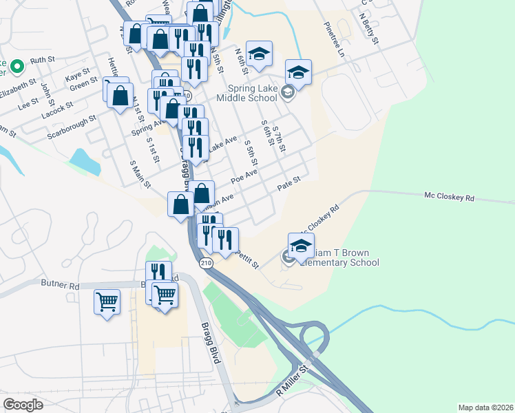 map of restaurants, bars, coffee shops, grocery stores, and more near 405 Harrill Circle in Spring Lake