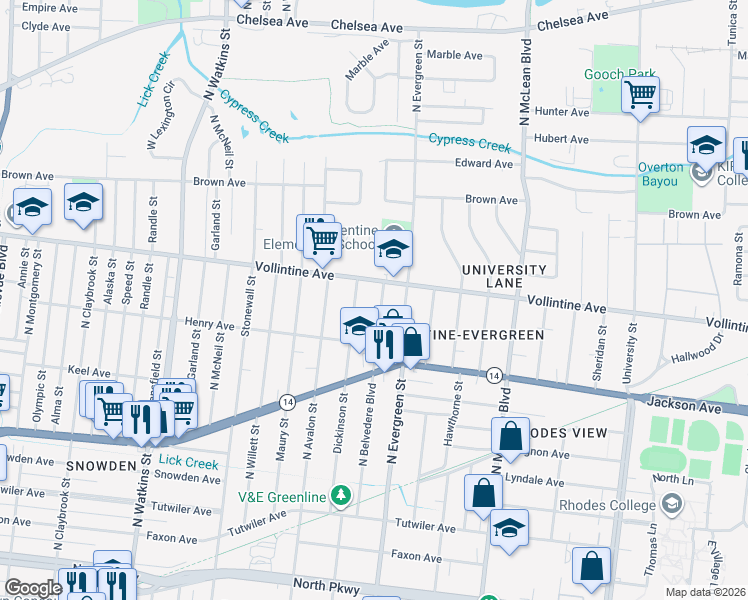 map of restaurants, bars, coffee shops, grocery stores, and more near 910 North Belvedere Boulevard in Memphis