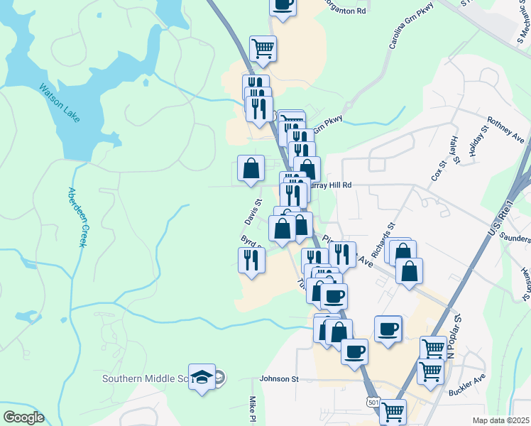 map of restaurants, bars, coffee shops, grocery stores, and more near 115 Turner Street in Southern Pines