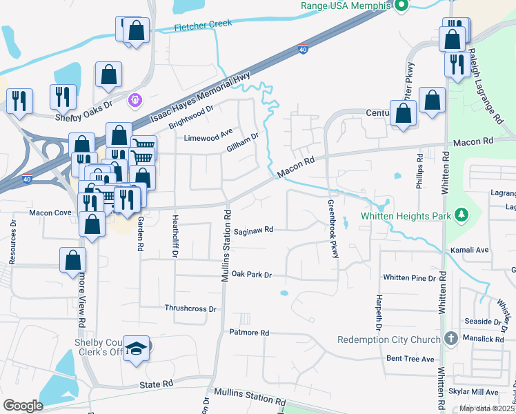 map of restaurants, bars, coffee shops, grocery stores, and more near 6451 Ridgebrook Lane in Memphis