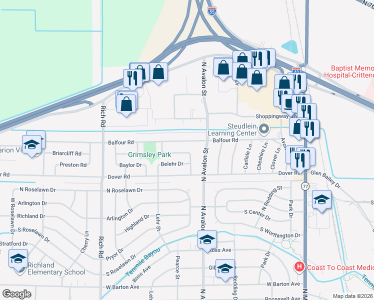map of restaurants, bars, coffee shops, grocery stores, and more near 501 Belvedere Drive in West Memphis