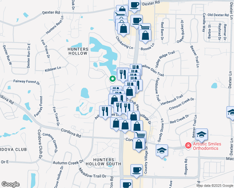 map of restaurants, bars, coffee shops, grocery stores, and more near 8000 Club Parkway in Memphis