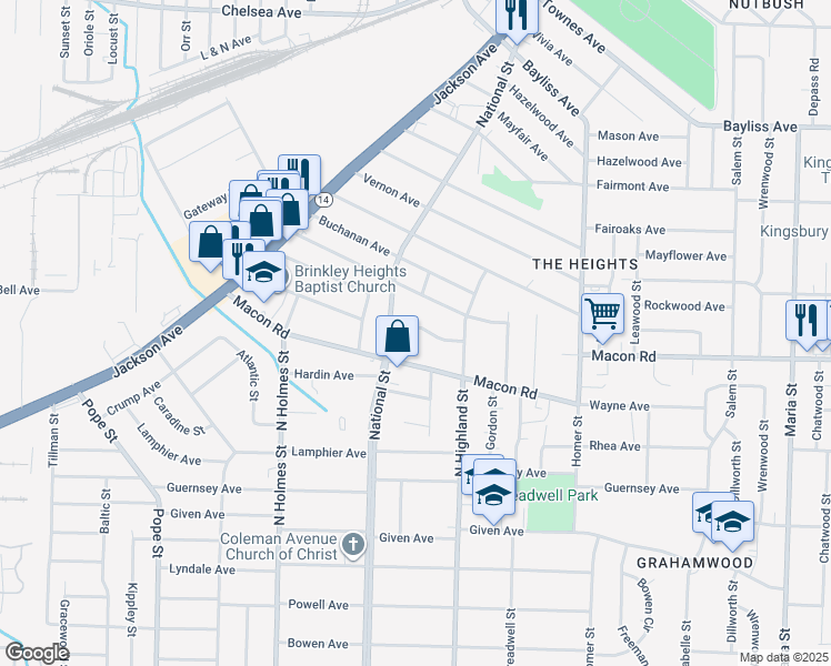 map of restaurants, bars, coffee shops, grocery stores, and more near 3441 Rosamond Avenue in Memphis