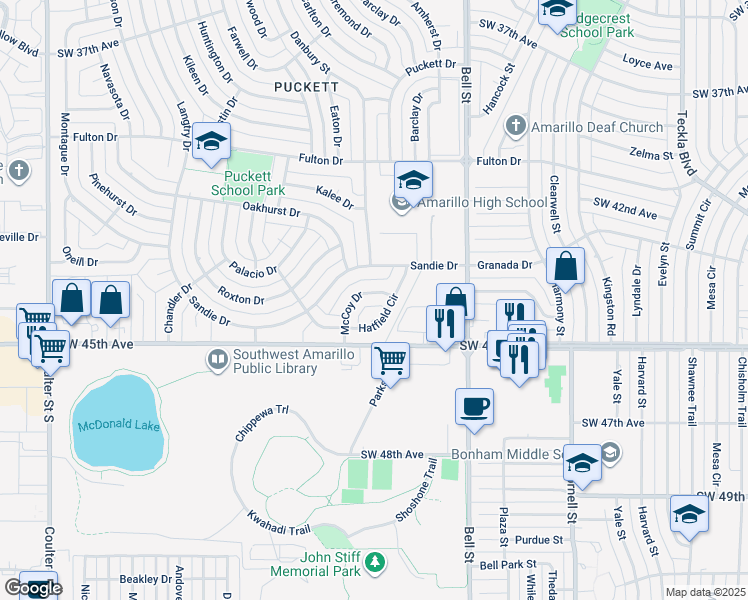 map of restaurants, bars, coffee shops, grocery stores, and more near 6103 Hatfield Circle in Amarillo