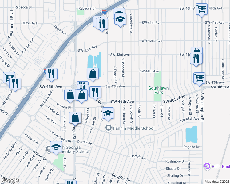 map of restaurants, bars, coffee shops, grocery stores, and more near 4432 South Fannin Street in Amarillo