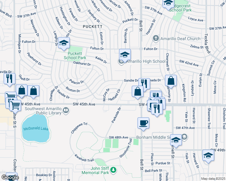 map of restaurants, bars, coffee shops, grocery stores, and more near 6103 Hatfield Circle in Amarillo