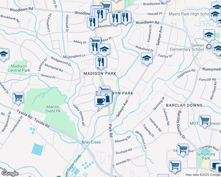 map of restaurants, bars, coffee shops, grocery stores, and more near 4943 Park Road in Charlotte
