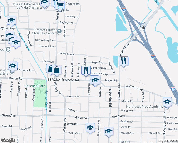 map of restaurants, bars, coffee shops, grocery stores, and more near 4476 Lawrence Road in Memphis