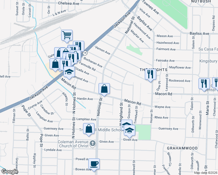 map of restaurants, bars, coffee shops, grocery stores, and more near 3441 Rosamond Avenue in Memphis
