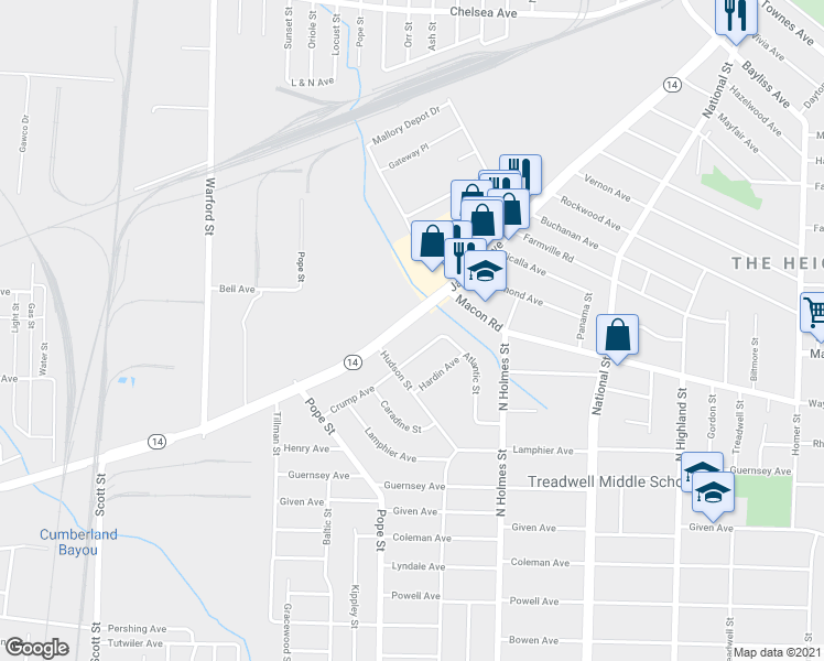 map of restaurants, bars, coffee shops, grocery stores, and more near 3159 Jackson Avenue in Memphis