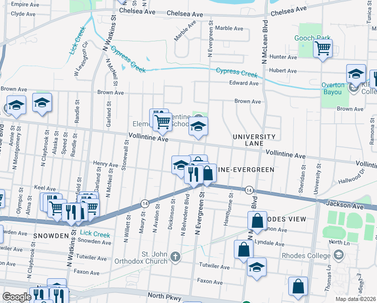map of restaurants, bars, coffee shops, grocery stores, and more near 910 North Belvedere Boulevard in Memphis