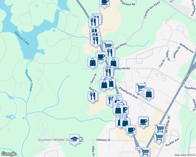 map of restaurants, bars, coffee shops, grocery stores, and more near 115 Turner Street in Southern Pines