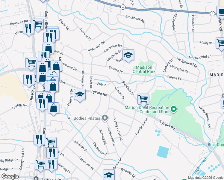 map of restaurants, bars, coffee shops, grocery stores, and more near 5114 Seacroft Road in Charlotte